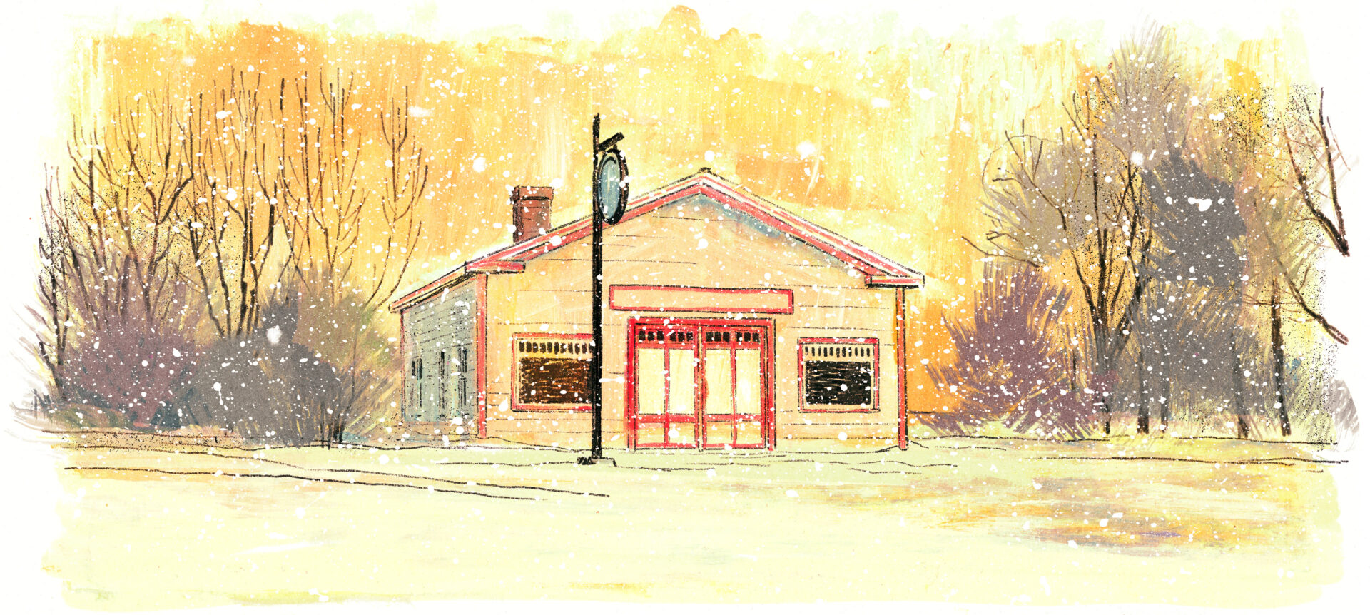 On perçoit le garage au milieu des arbres dénudés par le froid de l'hiver, avec la neige qui tombe à très gros flocons.