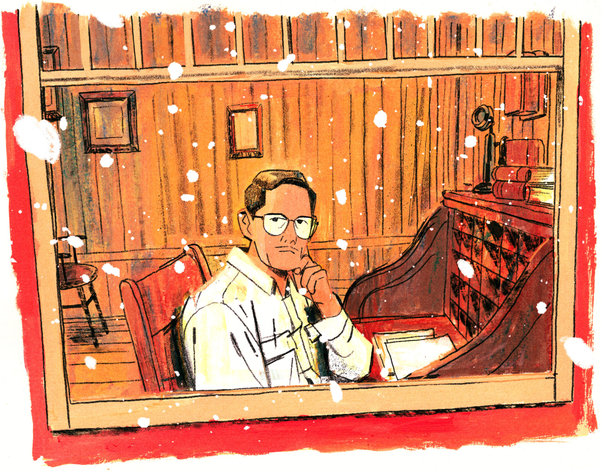 Joseph-Armand Bombardier regarde la neige tomber par la fenêtre, pensif, la main sous le coude, tel Le Penseur de Rodin.