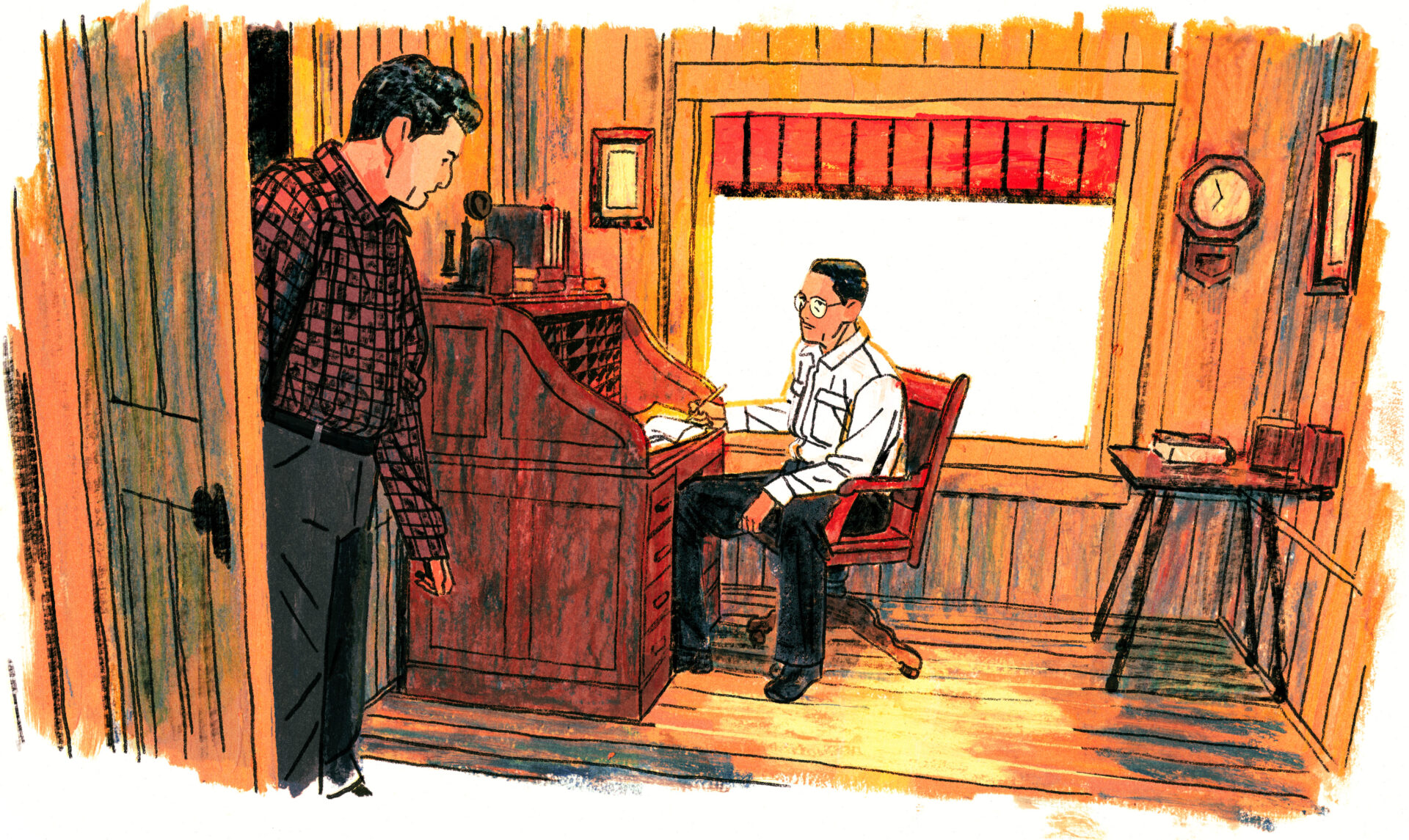 Joseph-Armand Bombardier travaille à son bureau, un crayon à la main, cahier ouvert devant lui, l'air fatigué. Un homme en chemise carreautée entre par la porte (c'est Léopold, son frère). La pendule indique qu'il est presque 19h.