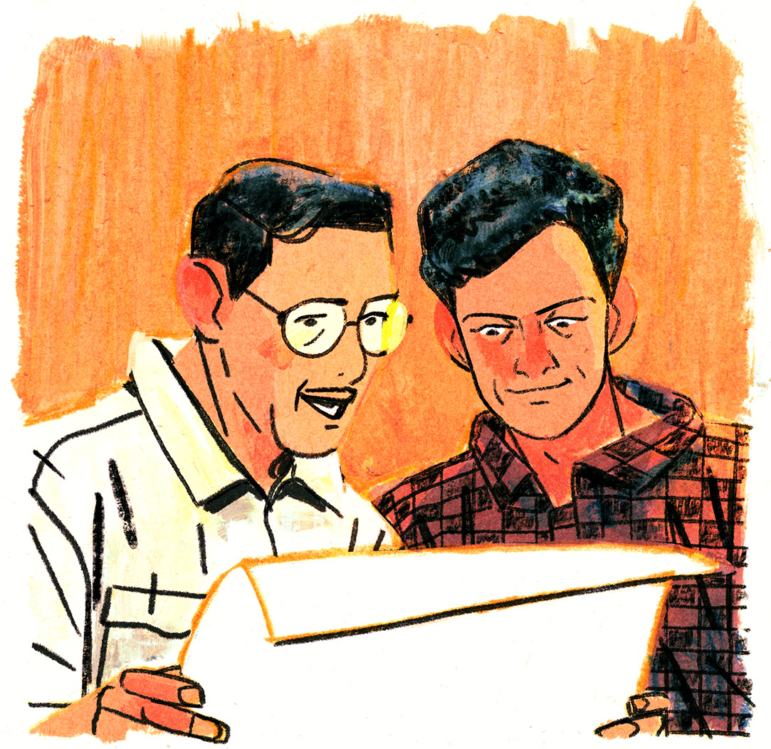 Les deux hommes regardent ensemble la feuille, Joseph-Armand parle, l'air enthousiaste. Léopold sourit légèrement, l'air dubitatif, presque moqueur, mais attentif.