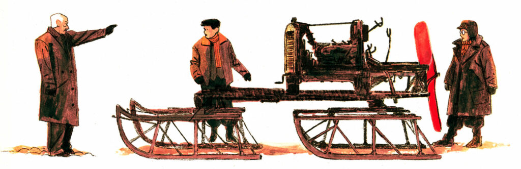 On comprend que cette illustration revient sur un moment du passé. Au milieu, il y a 2 traineaux, rejoints par une barre sur laquelle est fixé un moteur de Ford T. Sur l'arrière de l'engin, il y a une hélice rouge. Deux jeunes personnes, emmitouflées dans des manteaux d'hiver, ont l'air surprises. À gauche de l'image, un homme aux cheveux gris a l'air fâché, les sourcils froncés, la main gauche montrant l'engin avec l'index. On comprend que c'est le père de Joseph-Armand et de Léopold.