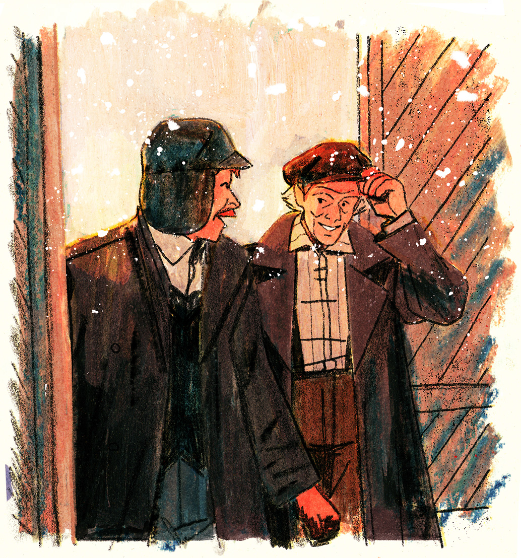 Deux hommes, emmitouflés dans de longs manteaux d'hiver, entrent dans le garage où les deux frères travaillent. La neige tombe toujours en gros flocons dehors.