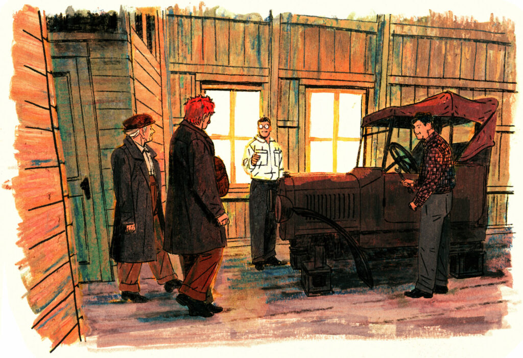 D'un air directif, index pointé vers les deux hommes qui viennent d'entrer. Ce sont Isaïe (aux cheveux roux) et Valmore (aux cheveux gris). Joseph-Armand explique son plan, toujours accompagné de son frère.