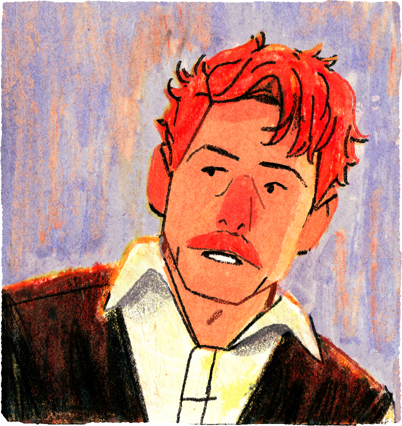 L'un des deux hommes tout juste arrivés a un visage étonné, perplexe. Ses cheveux ont la couleur orangée du feu.