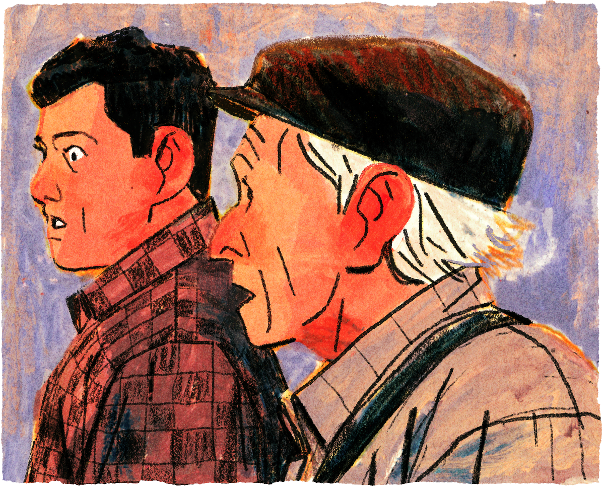 Léopold, les yeux exorbités et la bouche bée semble déconcerté. L'autre homme, l'air plus vieux par ses cheveux blancs et ses rides au front, a la bouche grande ouverte.