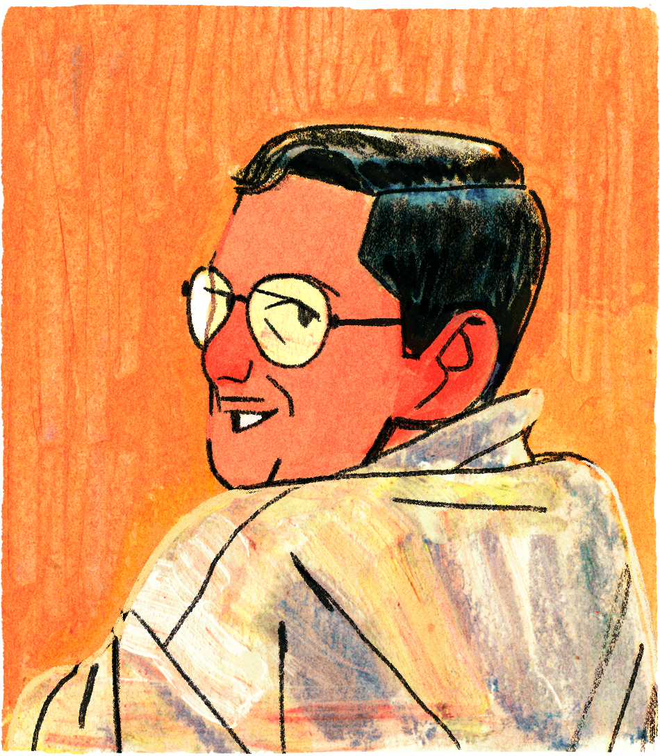 Joseph-Armand regarde par-dessus son épaule, l'air enjoué et confiant.