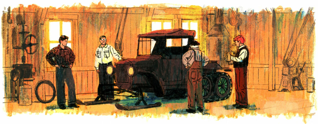 Les quatre hommes travaillent dans le garage. Ils semblent avoir terminé puisque l'un d'eux s'essuie les mains avec un chiffon. L'autoneige au centre semble prête.