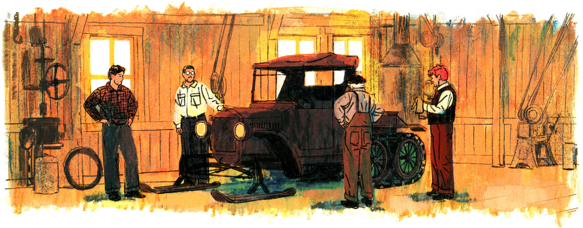 Les quatre hommes travaillent dans le garage, ça semble sentir le cambouis et la mécanique. Ils semblent avoir terminé puisque l'un d'eux s'essuie les mains noires avec un chiffon. L'autoneige au centre semble prête.