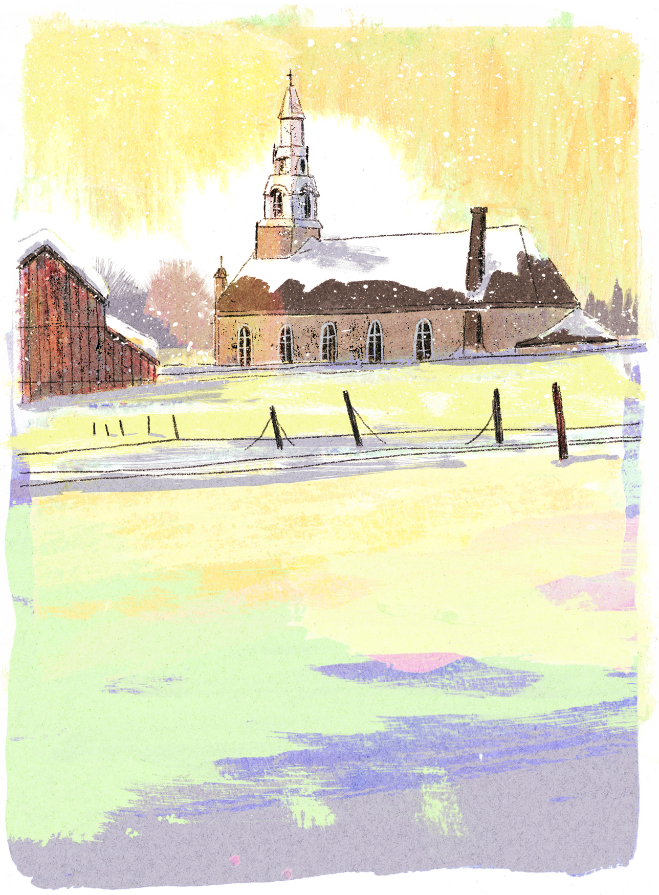 Représentation de Valcourt sous la neige et coupée du monde. Au loin, on peut y percevoir l'église.