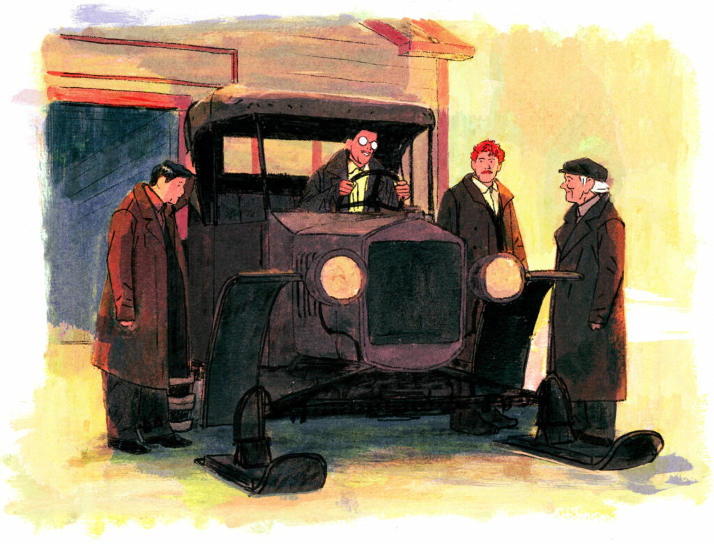 Joseph-Armand est aux commandes de la premèire autoneige, les 3 autres hommes sont autour de l'engin, souriants mais l'air sceptique.