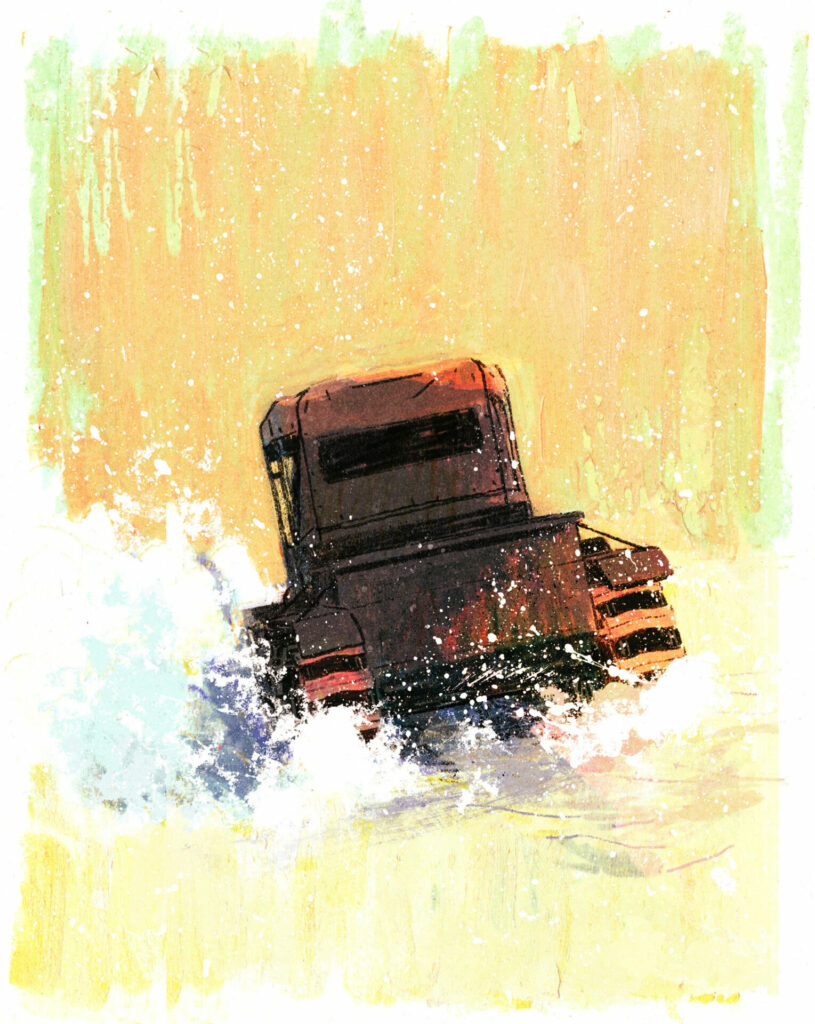 L'autoneige s'embourbe dans la neige.