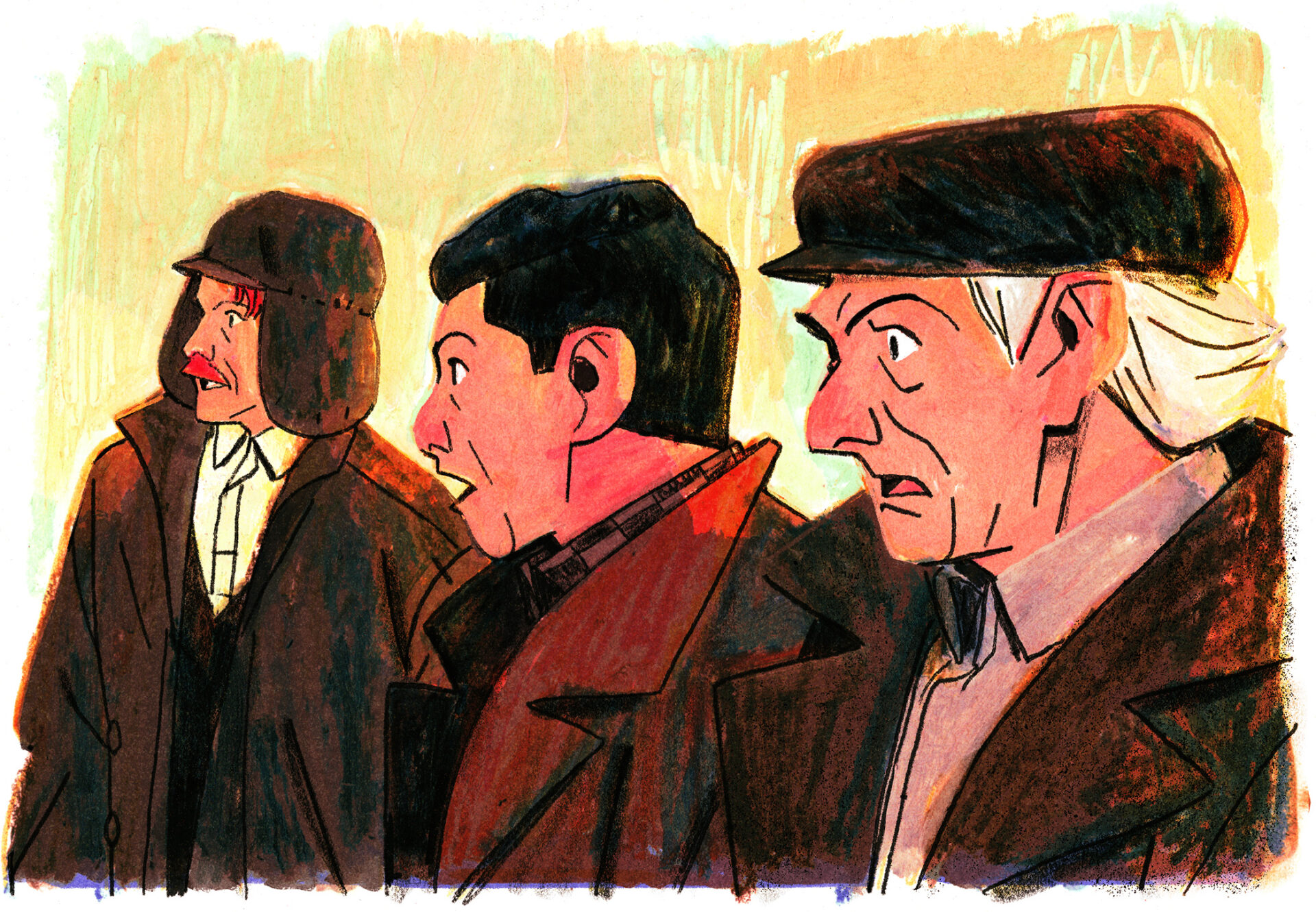 Les 3 hommes regardent au loin, l'air stupéfait.