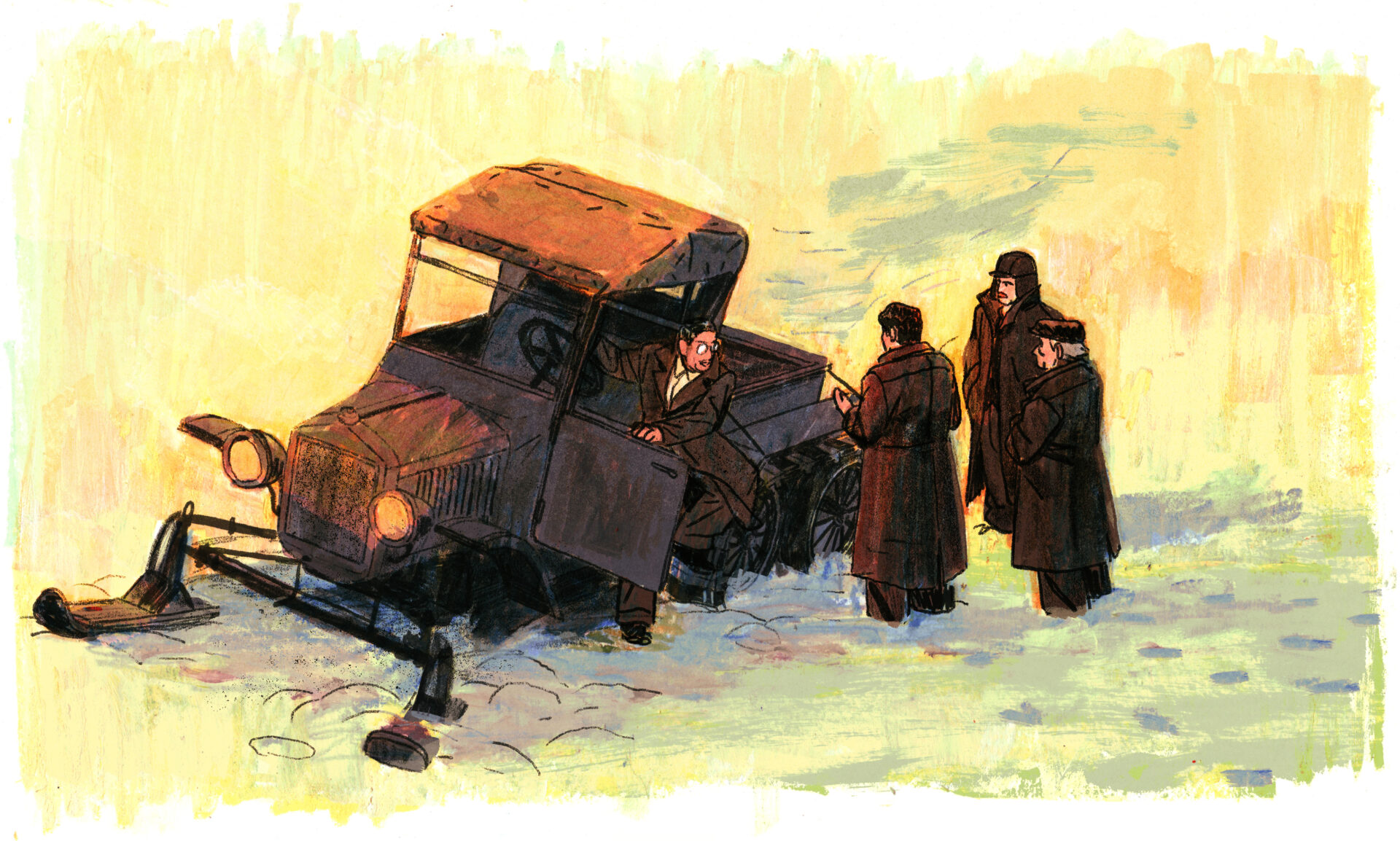 L'autoneige est bloquée dans la neige, les 3 hommes ont rejoint Joseph-Armand dans son véhicule qui est embourbé.