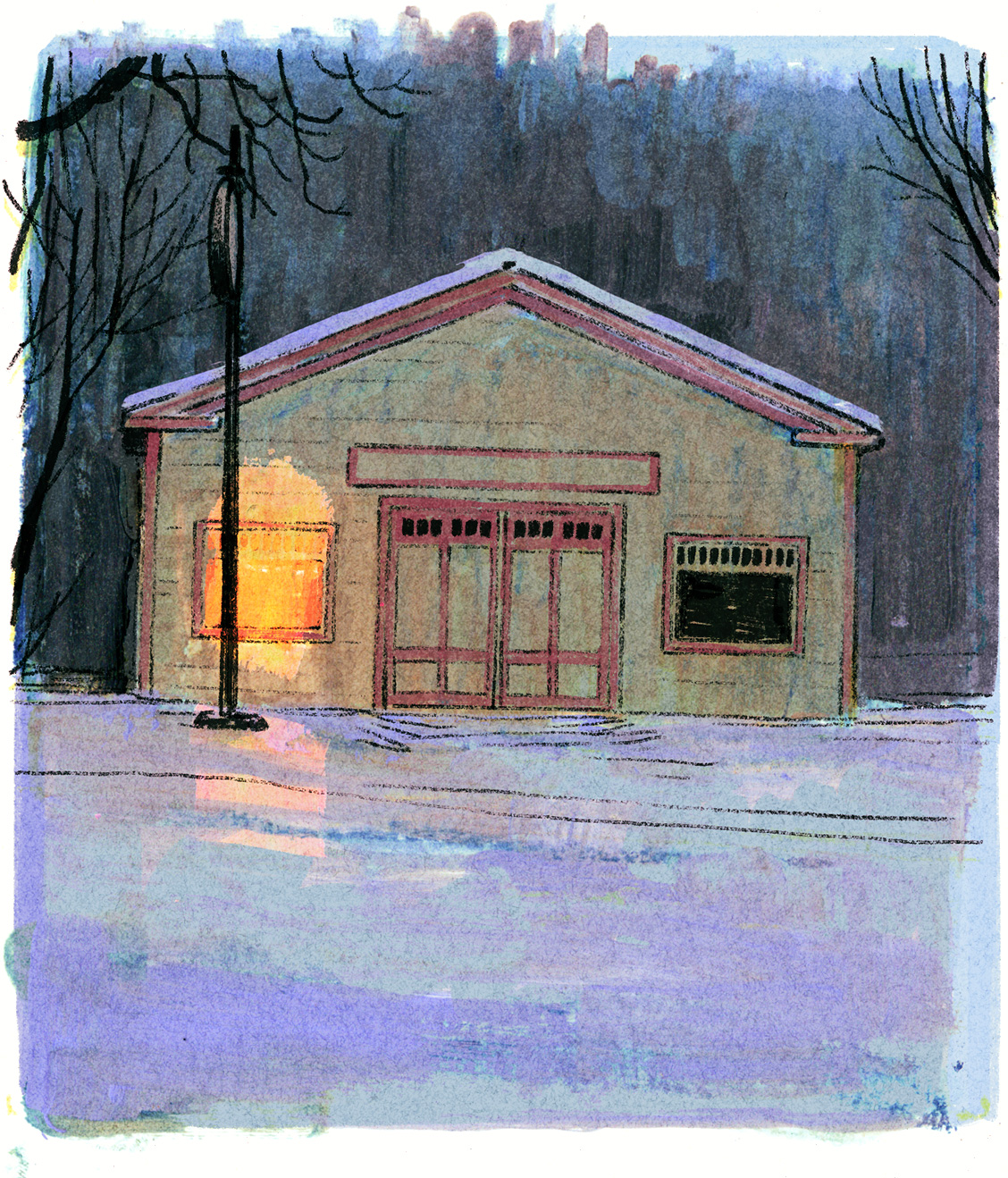 Illustration pour contextualiser le retour des hommes au garage, dans un paysage enneigé.