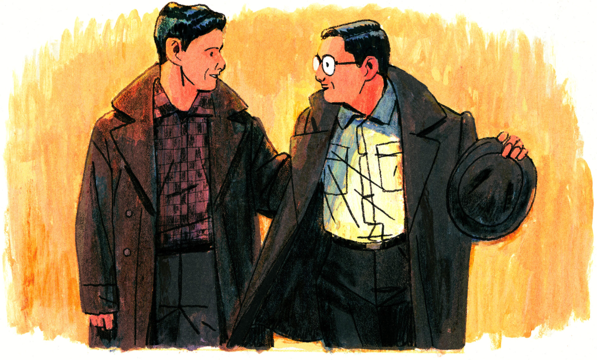 Les frères, vêtus de manteaux, sortent en discutant.