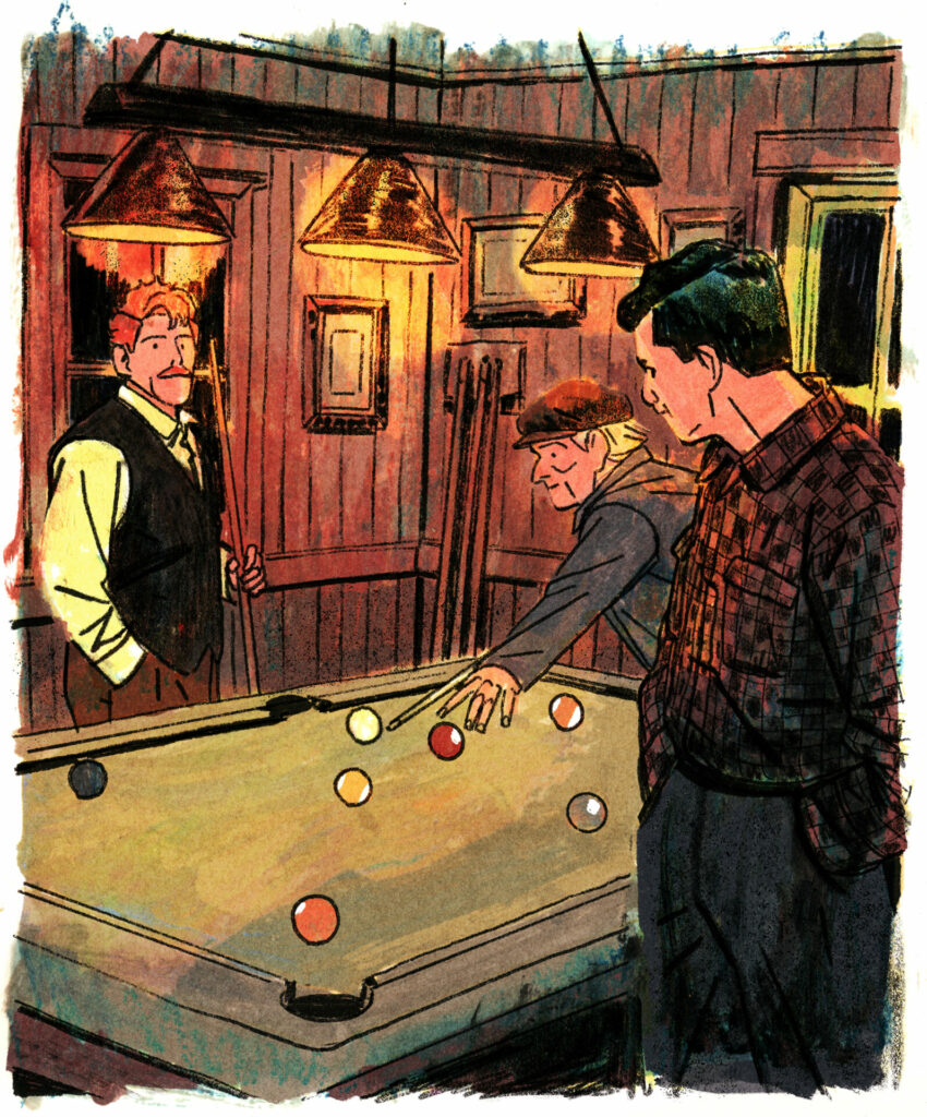 Les 3 collègues de Joseph-Armand jouent au billard. Il fait nuit dehors.