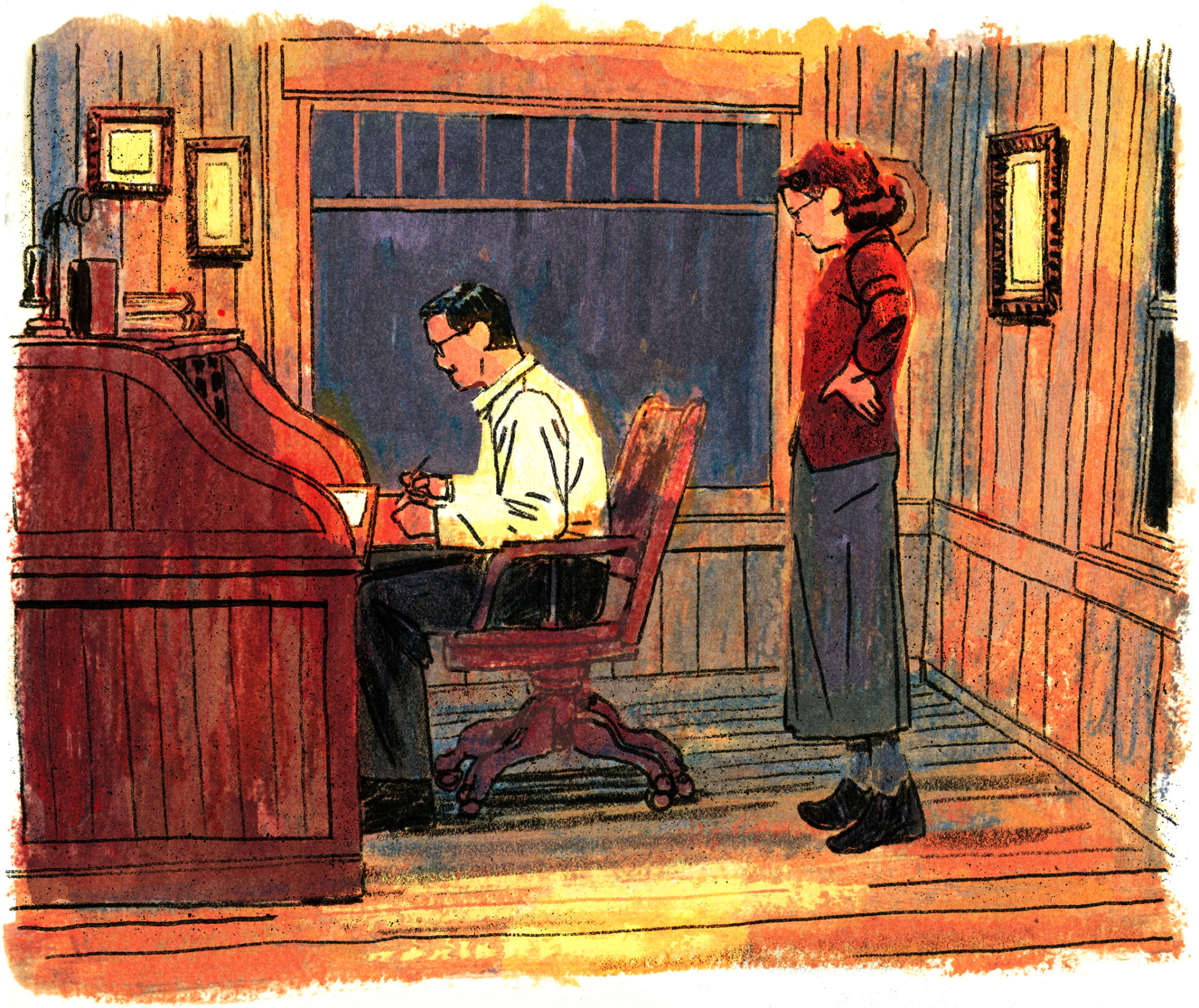 Joseph-Armand travaille à son bureau, il fait noir dehors. Sa femme Yvonne se tient derrière lui, impatiente, les deux mains sur les hanches.