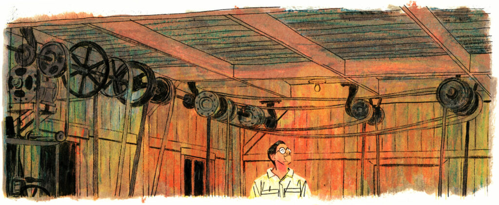 Joseph-Armand Bombardier avec qui regarde le barrage dans son garage.