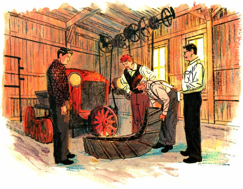 Valmore, le collègue le plus vieux de Joseph-Armand et Isaïe installent les chenilles sur les roues de l'autoneige. Joseph-Armand Bombardier les observe, feuilles à la main et sourire en coin, Léopold aussi.