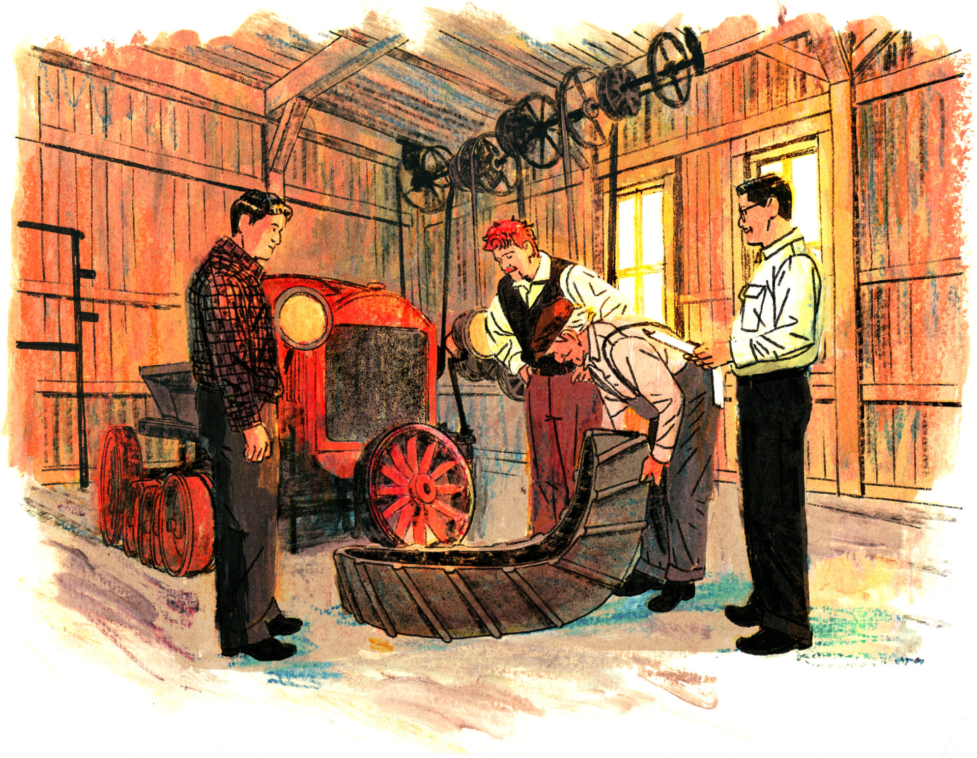 Valmore, le collègue le plus vieux de Joseph-Armand et Isaïe installent les chenilles sur les roues de l'autoneige. Joseph-Armand Bombardier les observe, feuilles à la main et sourire en coin, Léopold aussi.