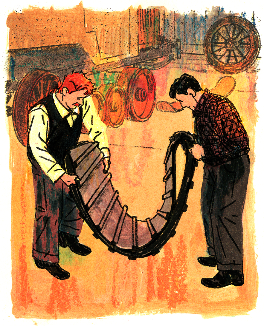 Léopold et Isaïe, l'homme à la chevelure de feu, tiennent la chenille pour l'installer.