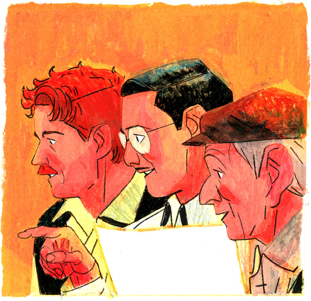 Illustration de trois hommes qui regardent un plan.