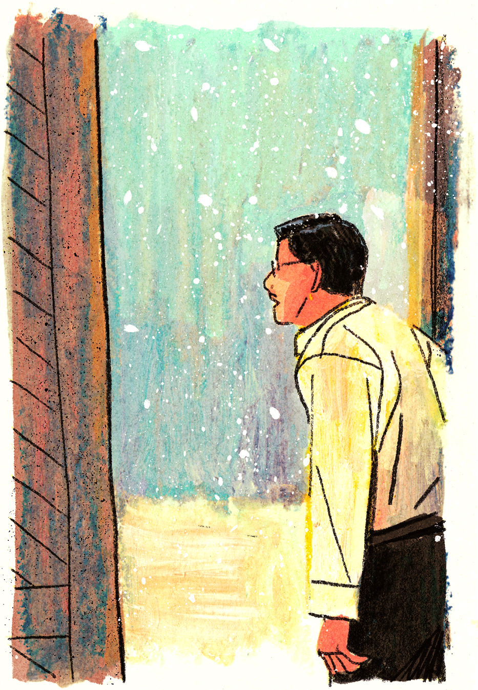 Joseph-Armand regarde par la fenêtre, la neige commence à tomber fortement.