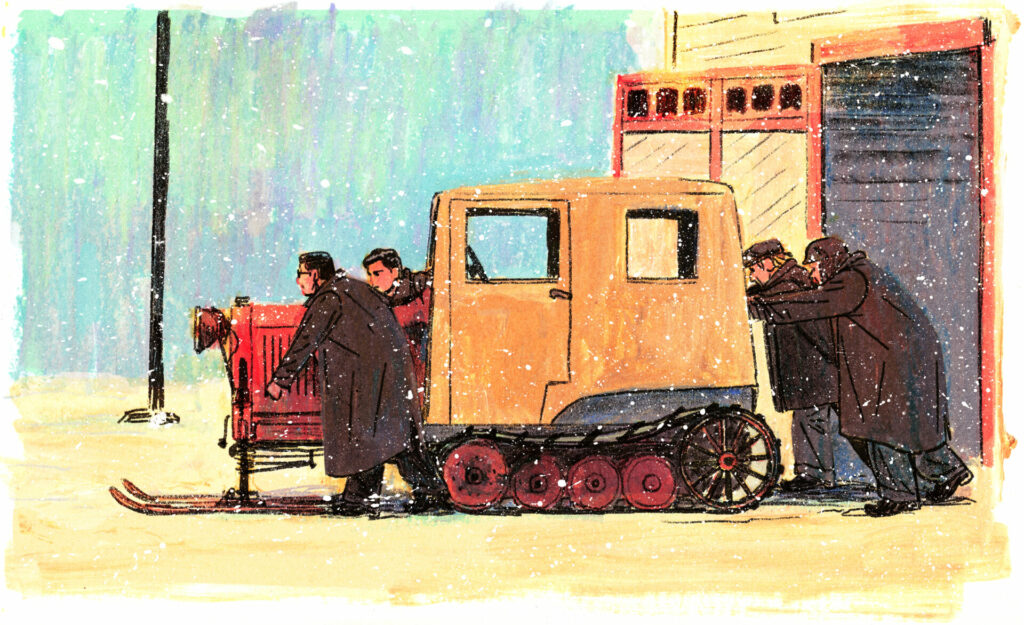 Les quatre hommes poussent l'engin en-dehors du garage.