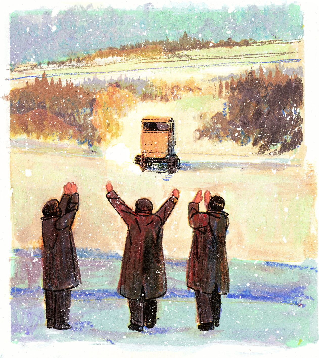 Les trois autres hommes regardent l'engin partir dans la neige, heureux, les bras levés, applaudissant et semblant hurler de joie.