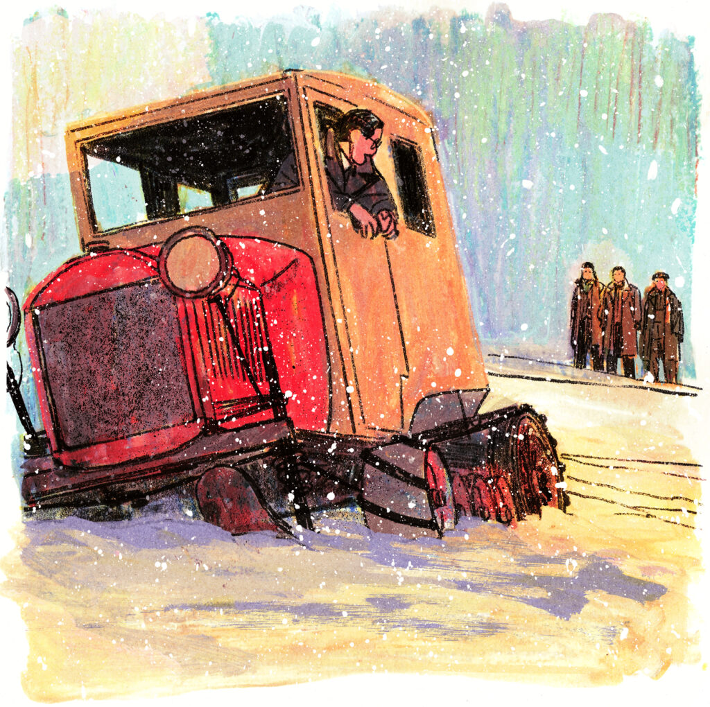 L'autoneige s'embourbe dans la neige par l'avant. Joseph-Armand demande de l'aide.