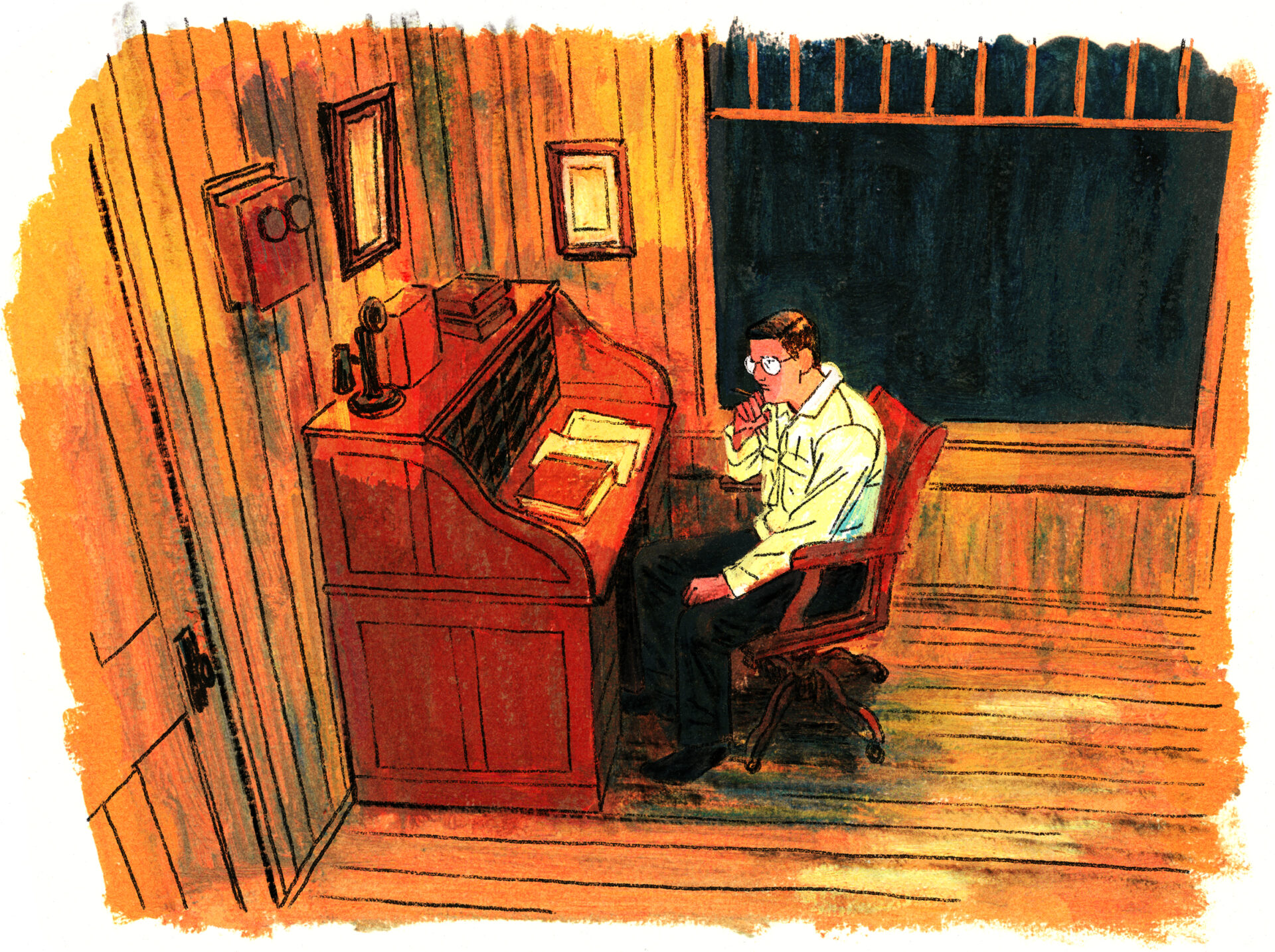 Crayon en main, Joseph-Armand est encore assis devant son bureau, un coude posé dessus, l'air songeur. Dehors encore, il fait nuit.