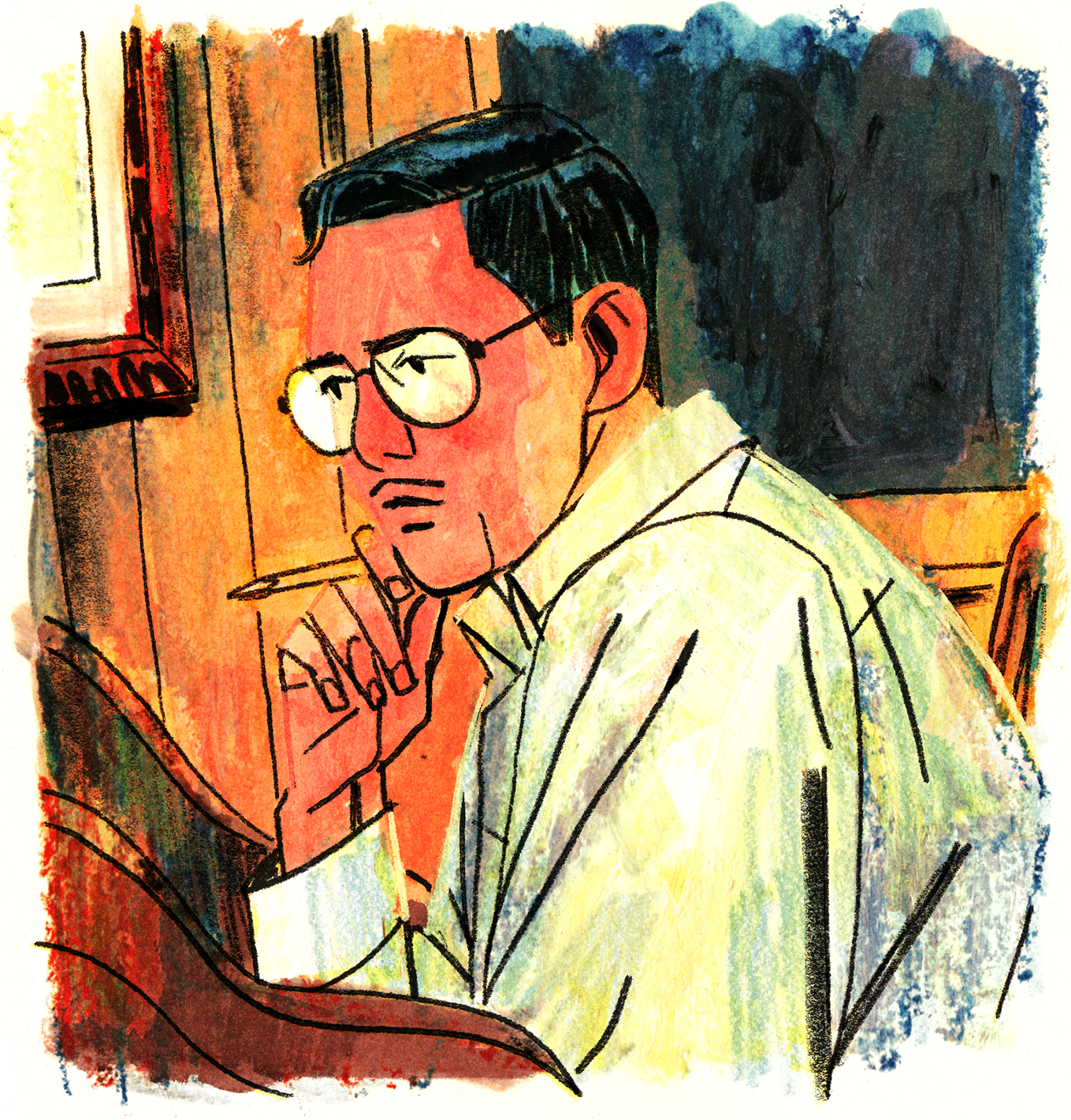 Joseph-Armand est en pleine réflexion à son bureau, un crayon à la main, les sourcils froncés et le visage posé sur sa main. Il a l'air tracassé.