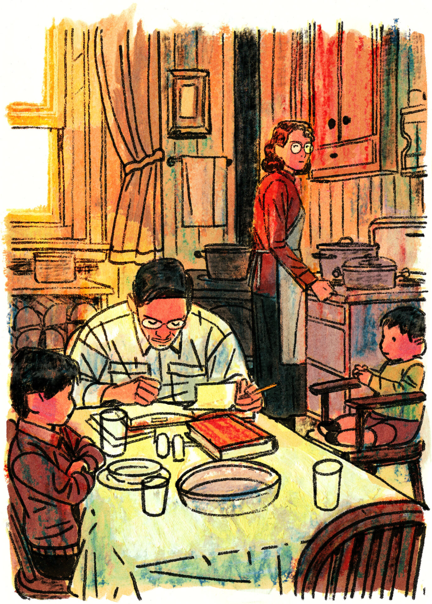 Joseph-Armand est à table, toujours crayon à la main, le souper semble être pour bientôt, les chaudrons fument et semblent dégager de bonnes odeurs de cuisson. Yvonne cuisine à l'arrière-plan, les deux jeunes fils de Joseph-Armand sont à table.