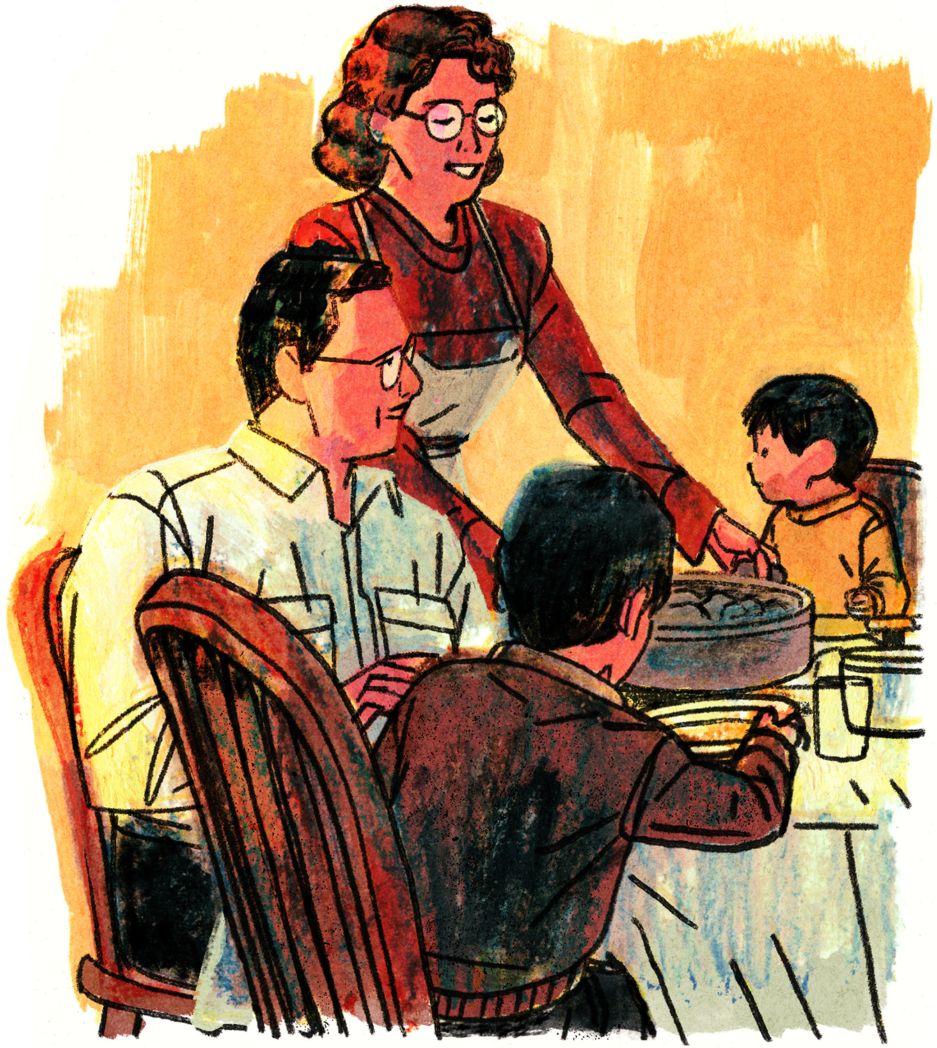 Yvonne, habillée d'un tablier, arrive avec un plat et le pose sur la table.