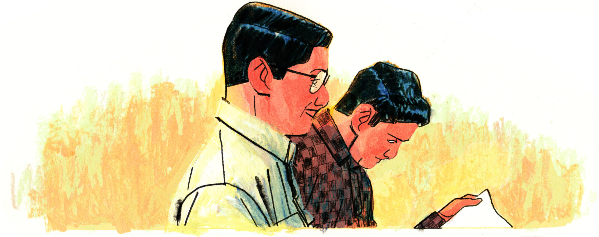 Ellipse temporelle, Léopold regarde une feuille de papier, les sourcils froncés. Joseph-Armand se trouve à côté, sourire aux lèvres.