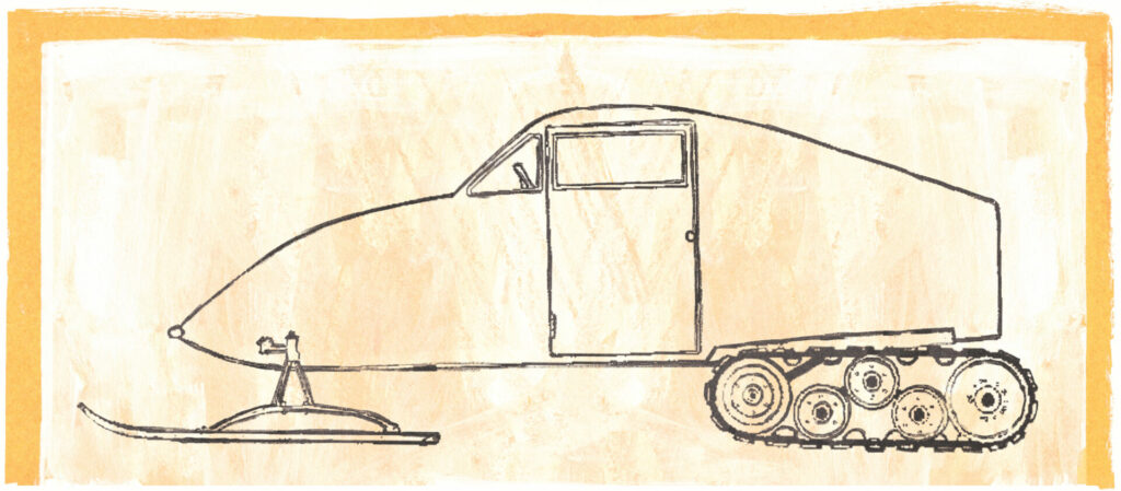 Sur du papier jaunis, un schéma du prototype de Joseph-Armand Bombardier. L'avant est étroit et part en forme de triangle, alors que l'arrière est cubique.