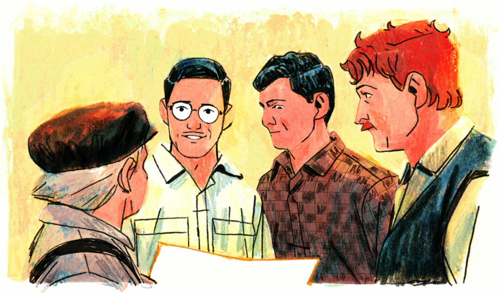 Joseph-Armand Bombardier montre une feuille de papier aux 3 hommes.