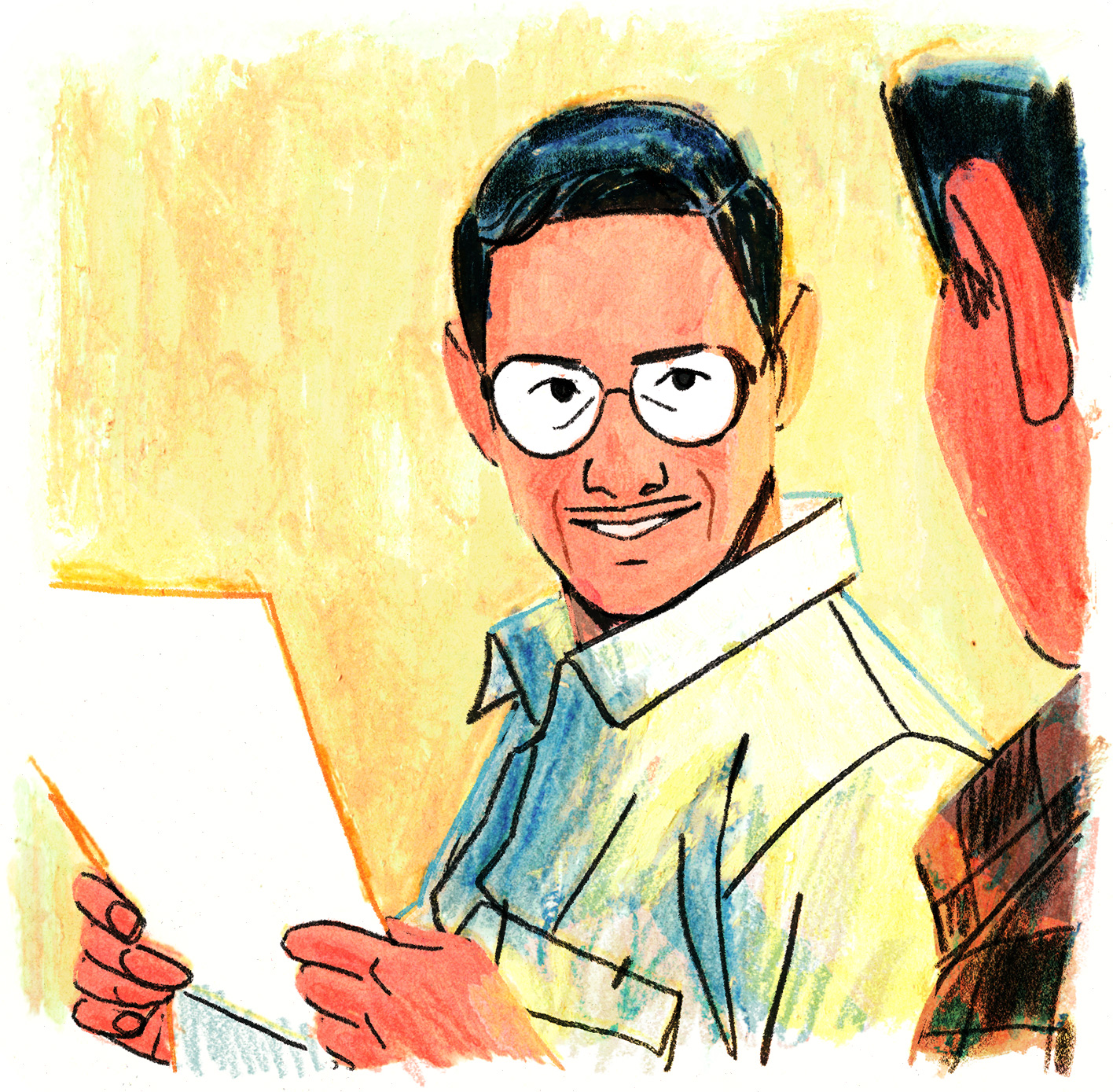 Confiant, Joseph-Armand reprend la feuille, souriant et confiant.