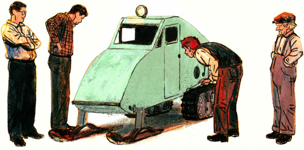 Les trois hommes regardent l'invention de Joseph-Armand Bombardier. Isaïe, se penche pour regarder à l'intérieur, l'autoneige est vraiment petite.