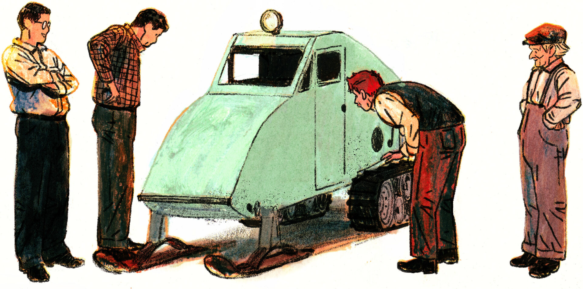 Les trois hommes regardent l'invention de Joseph-Armand Bombardier. Isaïe, l'homme aux cheveux roux, se penche pour regarder à l'intérieur, l'autoneige est vraiment petite.