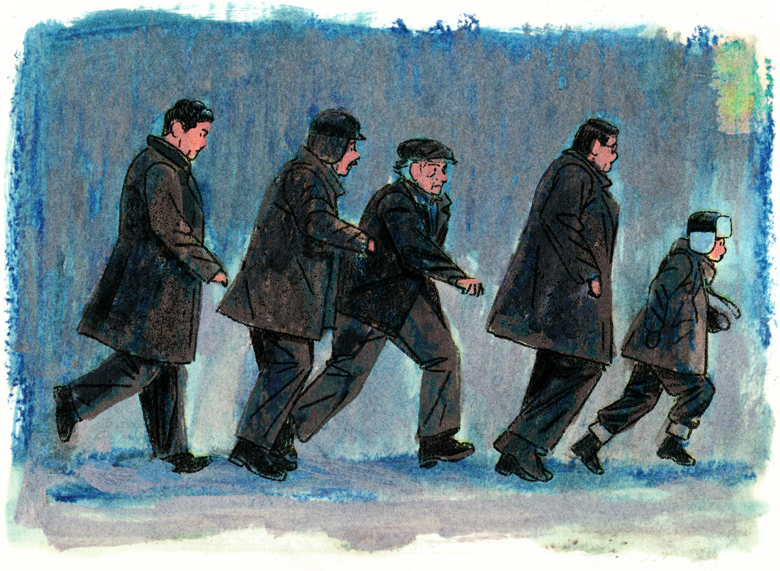 Les quatre hommes suivent le petit, au pas de course, dans la neige.