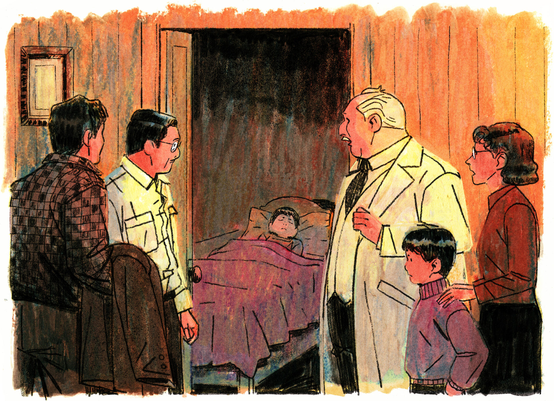 Le médecin est devant la chambre du jeune fils que l'on aperçoit en arrière-plan. Il est entouré de la famille de Joseph-Armand.