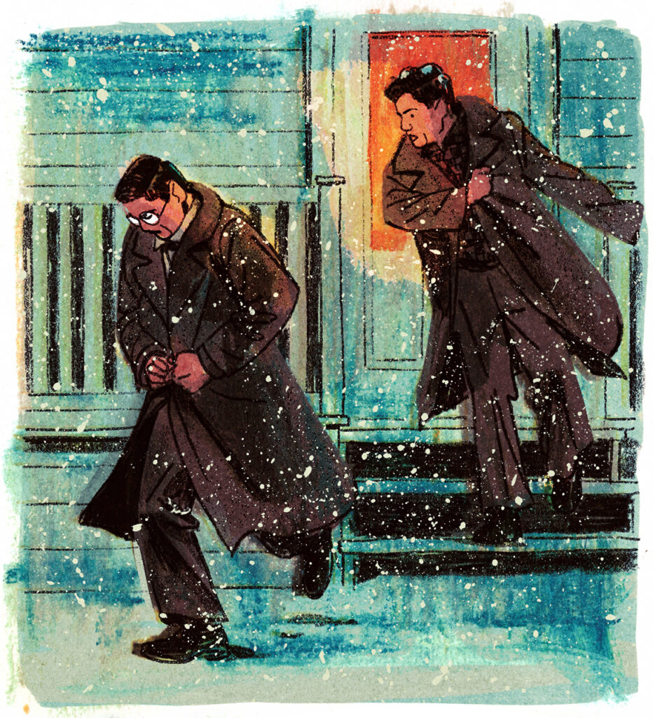 Léopold le suit dehors, enfilant son manteau. Il court pour rattraper Joseph-Armand.