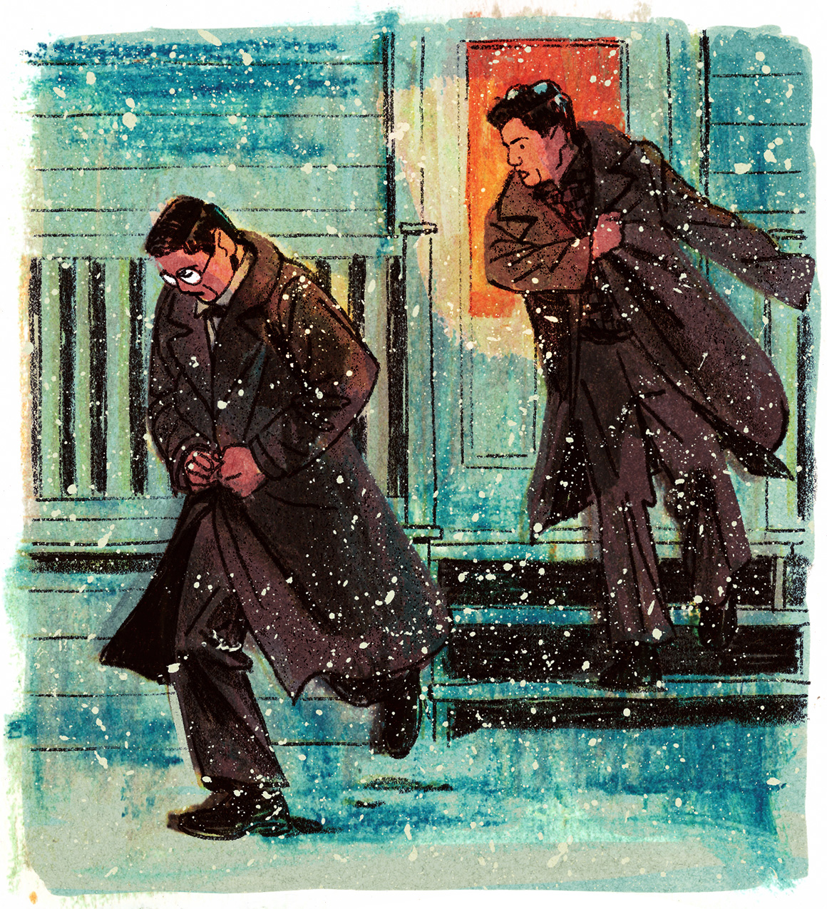 Léopold le suit dehors, enfilant son manteau. Il court pour rattraper Joseph-Armand.