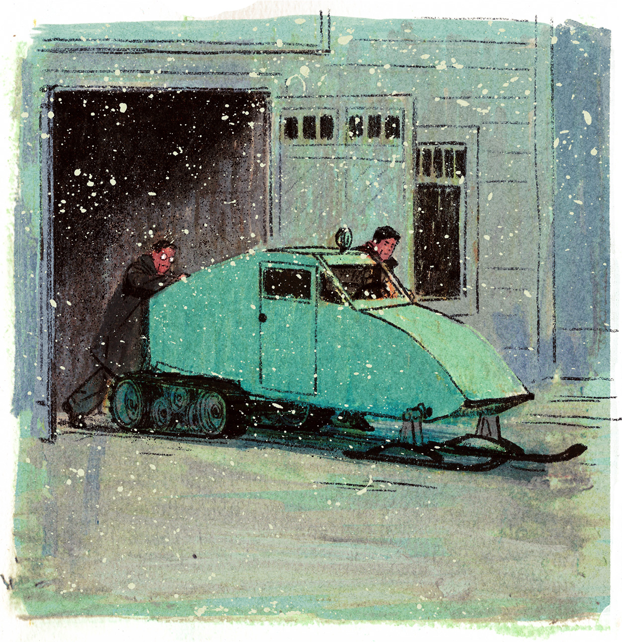 Joseph-Armand et Léopold sortent l'invention du garage. La neige tombe toujours à gros flocons.