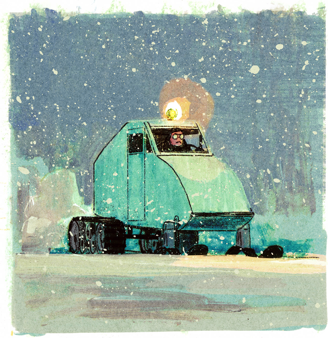 Joseph-Armand conduit l'engin dans la neige.