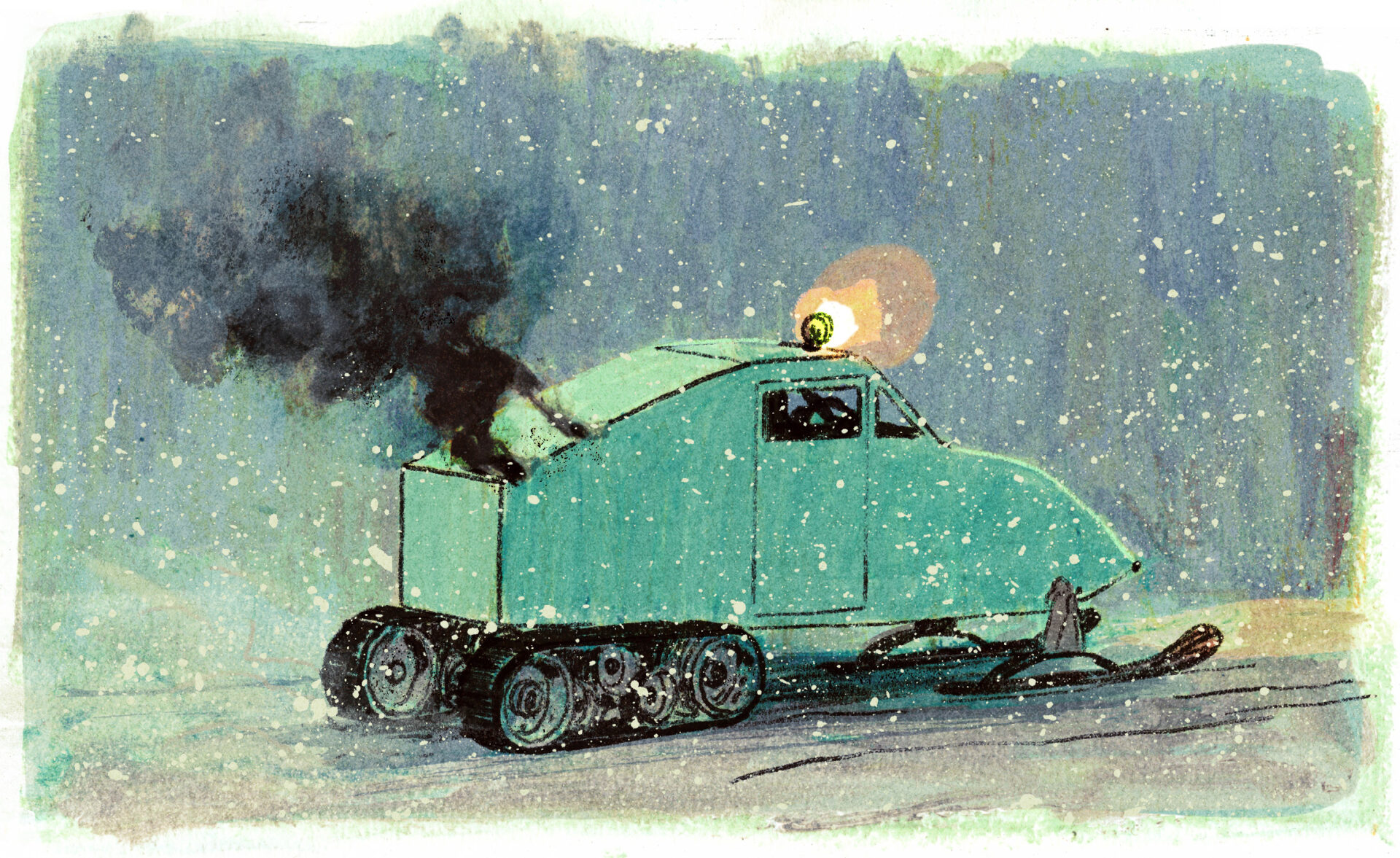 Le moteur de l'autoneige fume.