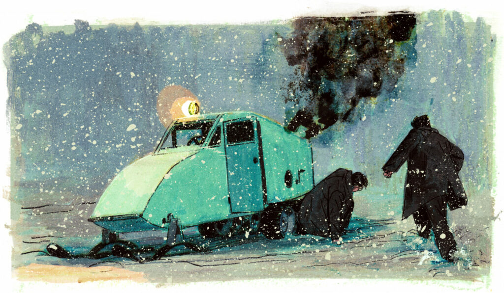 Joseph-Armand sort de l'engin et s'écroule dans la neige, Léopold court vers lui.