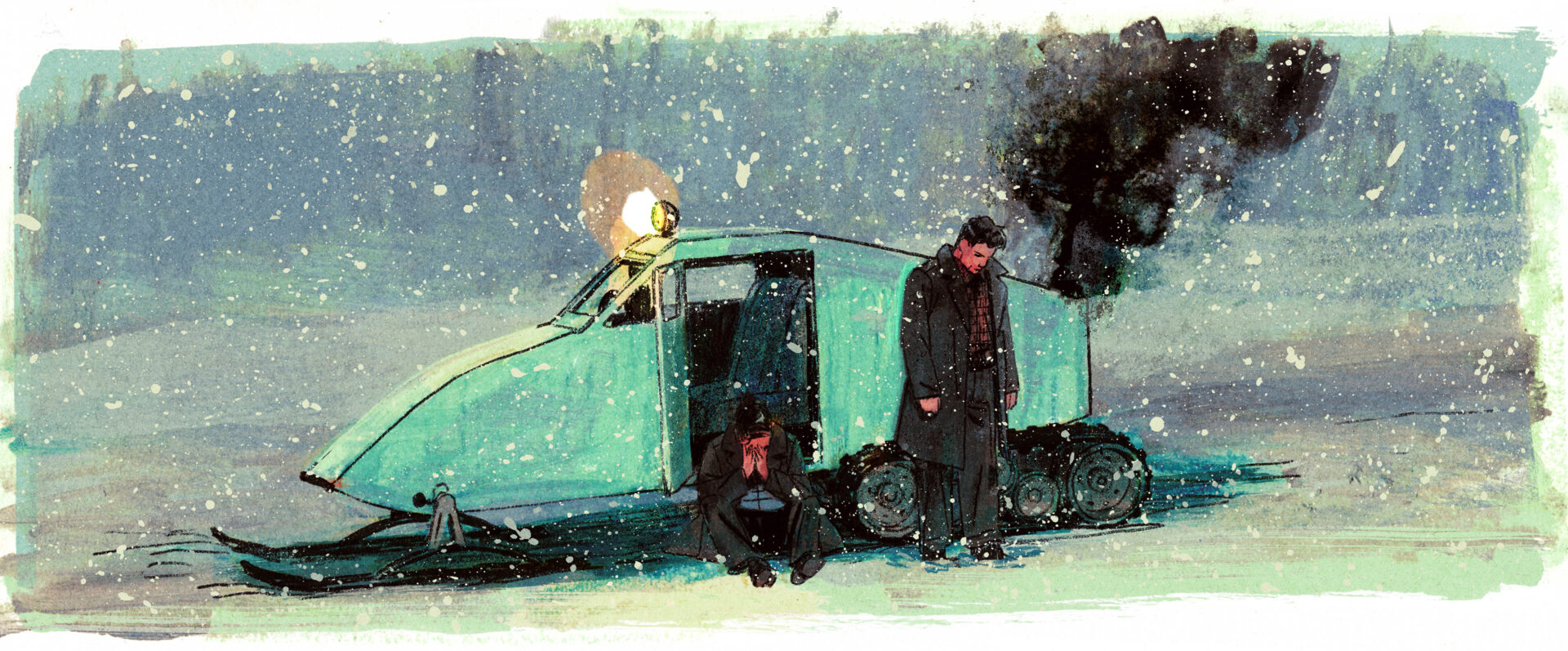 Joseph-Armand, abasourdi près de sa machine qui fume, pleure la tête dans les mains. Léopold est debout à côté, l'air abattu.