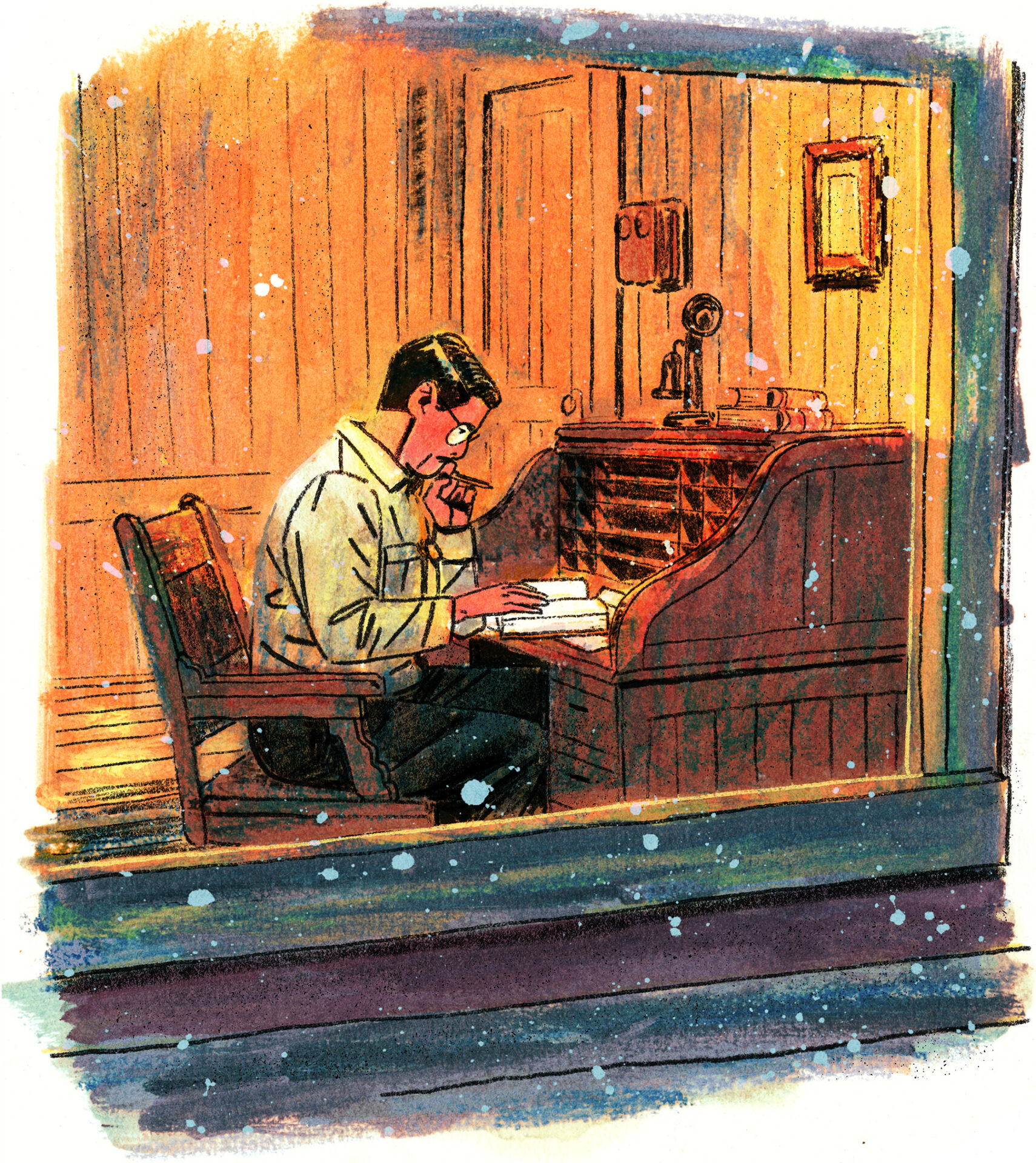 Encore une fois, Joseph-Armand est à son bureau, crayon à la main et air songeur. Il fait nuit dehors et la neige bat toujours son plein.